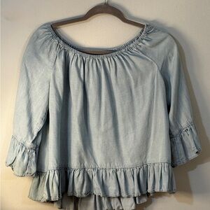 Sanctuary Women’s Top SM Light Denim Ruffle Blouse Peasant Boho Off-The-Shoulder